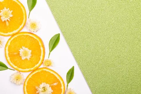 Orange fruit pattern composition. Summer healthy food background. Stock Photos