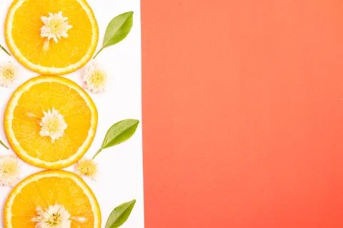 Orange fruit pattern composition. Summer healthy food background. Stock Photos