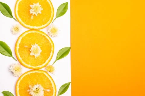 Orange fruit pattern composition. Summer healthy food background. Stock Photos