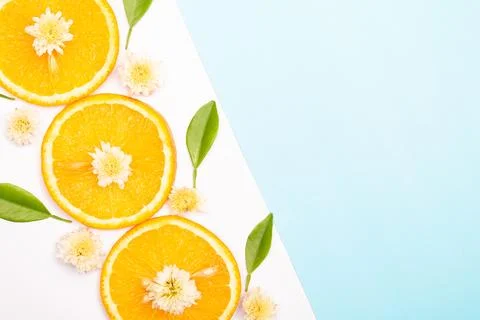 Orange fruit pattern composition. Summer healthy food background. Stock Photos
