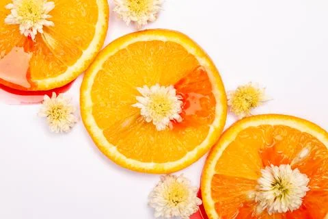 Orange fruit pattern composition. Summer healthy food background. Stock Photos