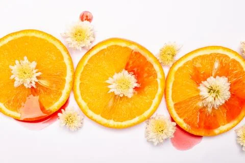Orange fruit pattern composition. Summer healthy food background. Stock Photos