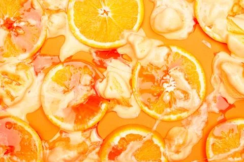 Orange fruit pattern composition. Summer healthy food background. Stock Photos