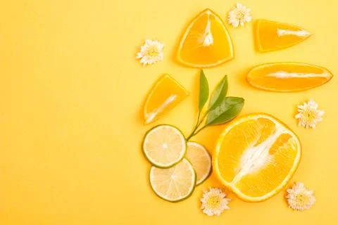 Orange fruit pattern composition. Summer healthy food background. Stock Photos