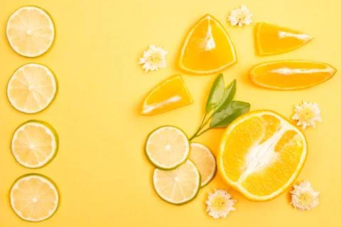 Orange fruit pattern composition. Summer healthy food background. Stock Photos