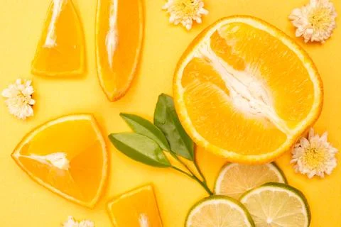 Orange fruit pattern composition. Summer healthy food background. Stock Photos