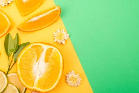Orange fruit pattern composition. Summer healthy food background. Stock Photos
