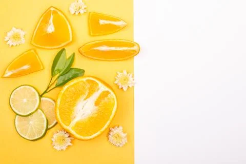 Orange fruit pattern composition. Summer healthy food background. Stock Photos