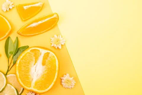 Orange fruit pattern composition. Summer healthy food background. Stock Photos