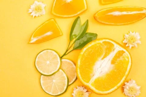 Orange fruit pattern composition. Summer healthy food background. Stock Photos