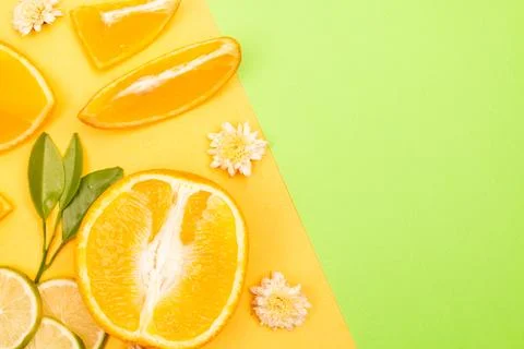 Orange fruit pattern composition. Summer healthy food background. Stock Photos