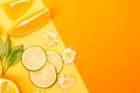 Orange fruit pattern composition. Summer healthy food background. Stock Photos