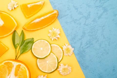 Orange fruit pattern composition. Summer healthy food background. Stock Photos