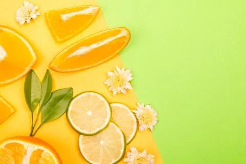 Orange fruit pattern composition. Summer healthy food background. Stock Photos