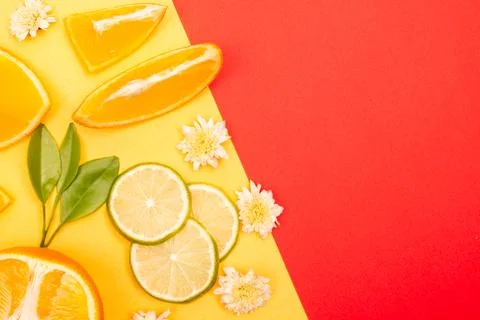 Orange fruit pattern composition. Summer healthy food background. Stock Photos