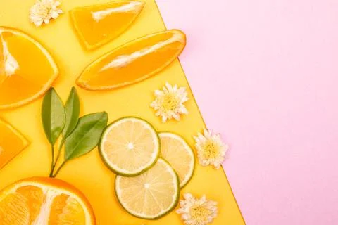 Orange fruit pattern composition. Summer healthy food background. Stock Photos