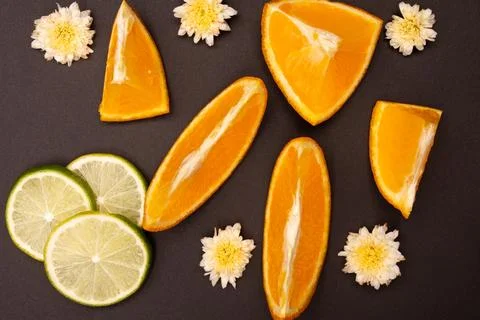 Orange fruit pattern composition. Summer healthy food background. Stock Photos