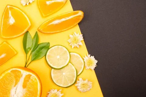 Orange fruit pattern composition. Summer healthy food background. Stock Photos