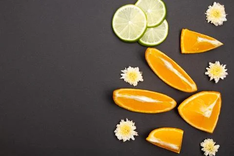 Orange fruit pattern composition. Summer healthy food background. Stock Photos