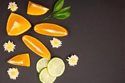 Orange fruit pattern composition. Summer healthy food background. Stock Photos