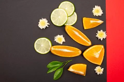 Orange fruit pattern composition. Summer healthy food background. Stock Photos