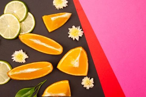 Orange fruit pattern composition. Summer healthy food background. Stock Photos