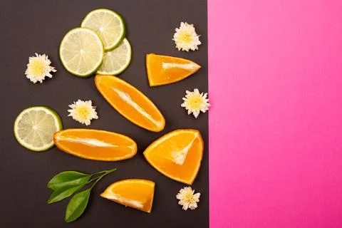 Orange fruit pattern composition. Summer healthy food background. Stock Photos