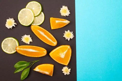Orange fruit pattern composition. Summer healthy food background. Stock Photos