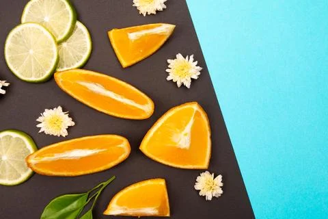 Orange fruit pattern composition. Summer healthy food background. Stock Photos