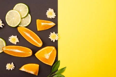 Orange fruit pattern composition. Summer healthy food background. Stock Photos