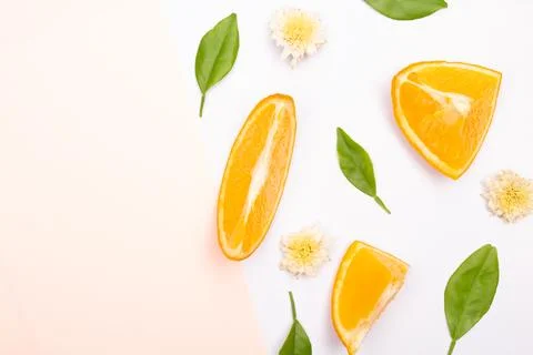 Orange fruit pattern composition. Summer healthy food background. Stock Photos