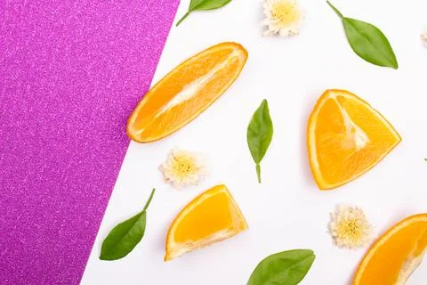 Orange fruit pattern composition. Summer healthy food background. Stock Photos