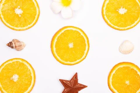 Orange fruit pattern composition. Summer healthy food background. Stock Photos