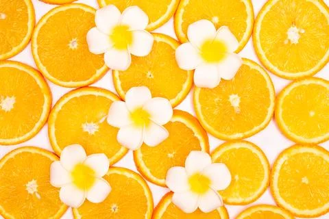 Orange fruit pattern composition. Summer healthy food background. Stock Photos