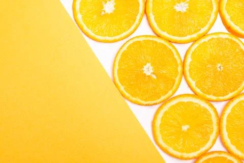 Orange fruit pattern composition. Summer healthy food background. Stockfoto's