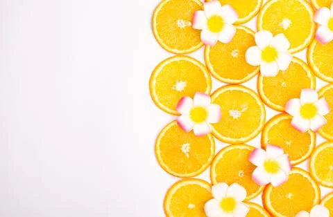 Orange fruit pattern composition. Summer healthy food background. Stock Photos
