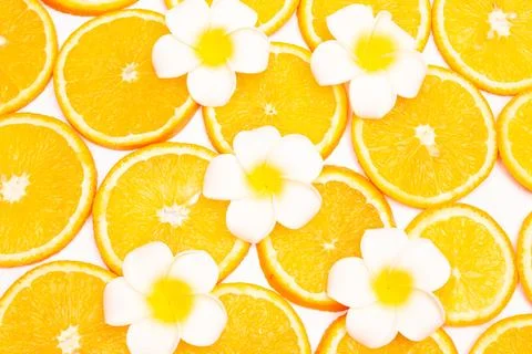 Orange fruit pattern composition. Summer healthy food background. Stock Photos