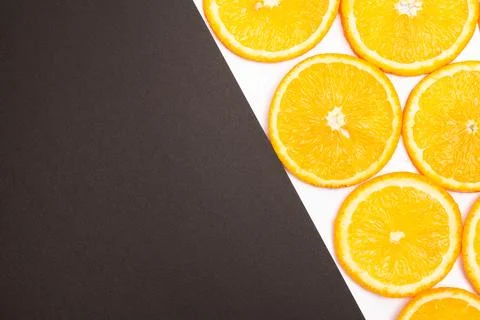 Orange fruit pattern composition. Summer healthy food background. Stock Photos