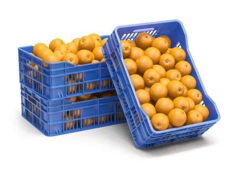Orange fruit in plastic fruit crates isolated on white background. Stock Illustration