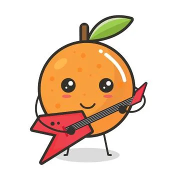 Orange fruit playing the guitar Mascot Character Cute Outline Flat Design Vec Stock Illustration