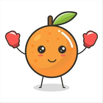 Orange fruit raise your hands up with a red boxing glove Mascot Character Cut Stock Illustration
