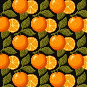 Orange Fruit Seamless Pattern with Citrus Slices and Leaves on Black Background Stock Illustration
