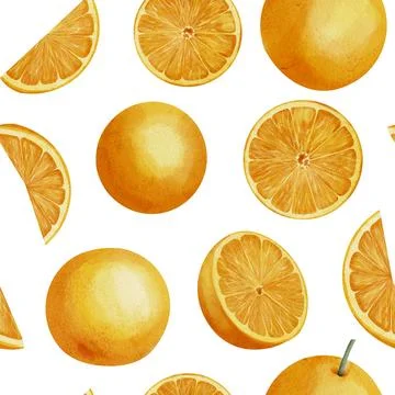 Orange Fruit Seamless Pattern. Hand drawn print with Slices of citrus food on Stock Illustration