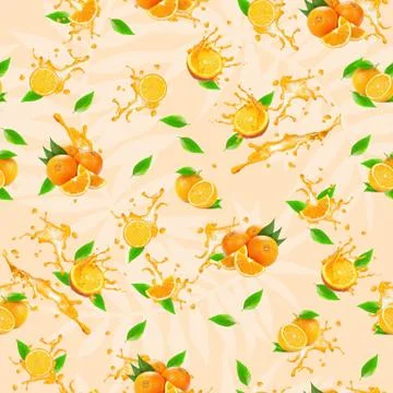 Orange fruit seamless pattern with leaves.Splatter brush strokes background. Illustrazione stock