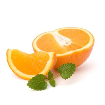 Orange fruit segment and citron mint leaf Stock Photos