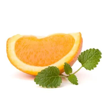 Orange fruit segment and citron mint leaf Stock Photos