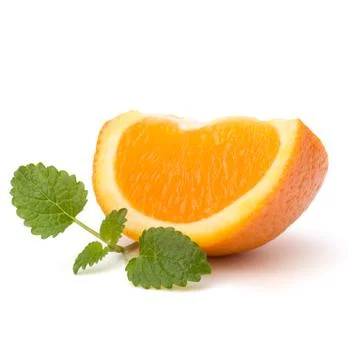 Orange fruit segment and citron mint leaf Stock Photos