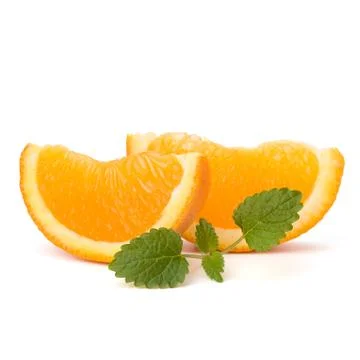 Orange fruit segment and citron mint leaf Stock Photos