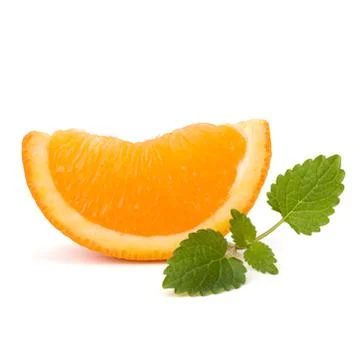 Orange fruit segment and citron mint leaf Stock Photos