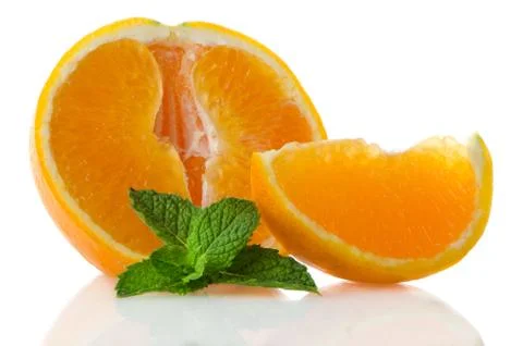Orange fruit segment and mint leaf Stock Photos